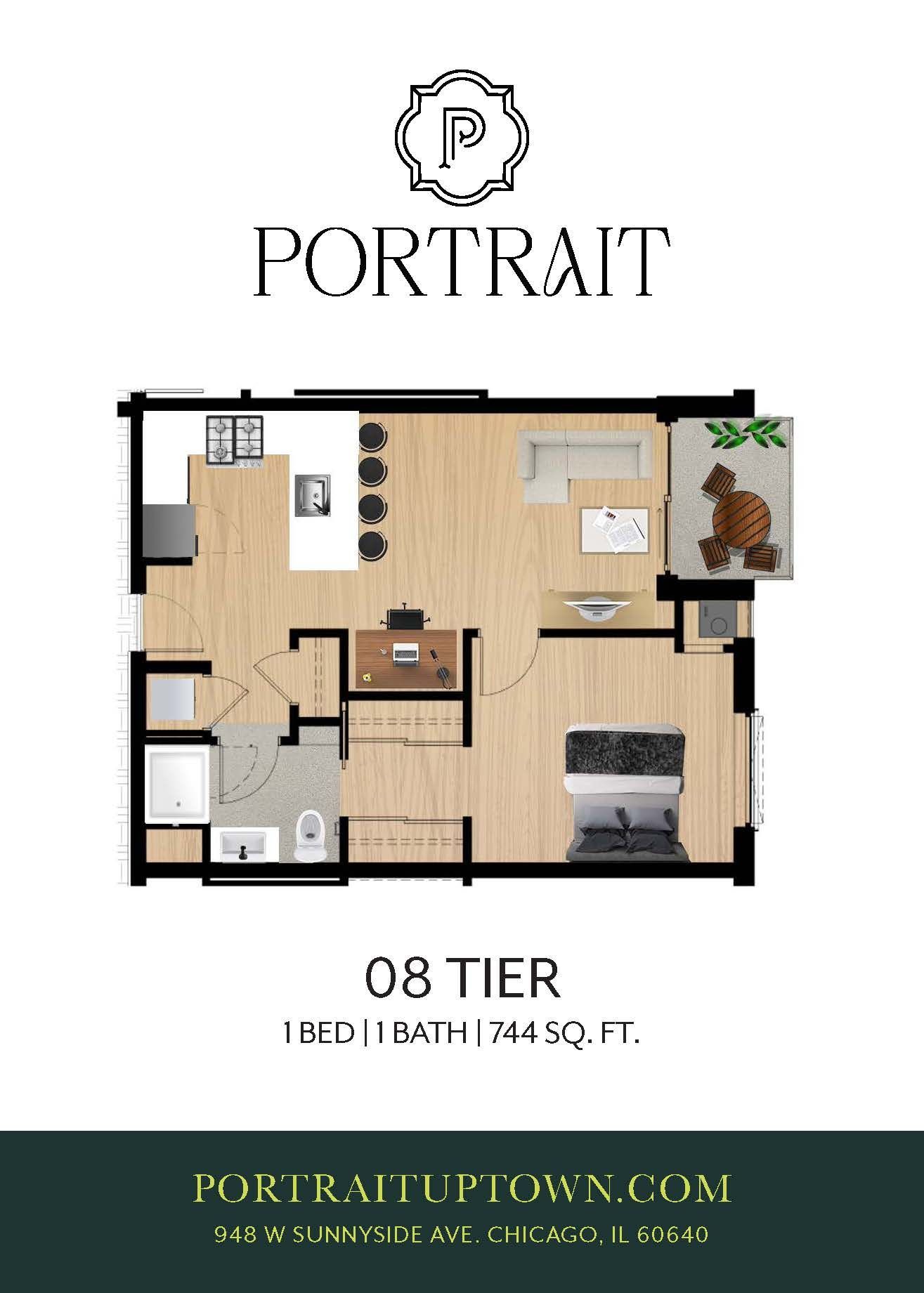Apartment floor plan for “08 Tier” at Portrait, 1 bed, 1 bath, 744 sq. ft.