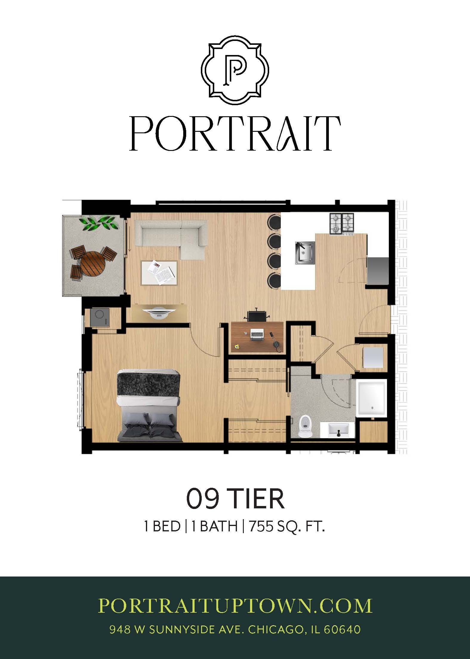Apartment floor plan for Portrait 09 Tier, 1 bed, 1 bath, 735 sq. ft.