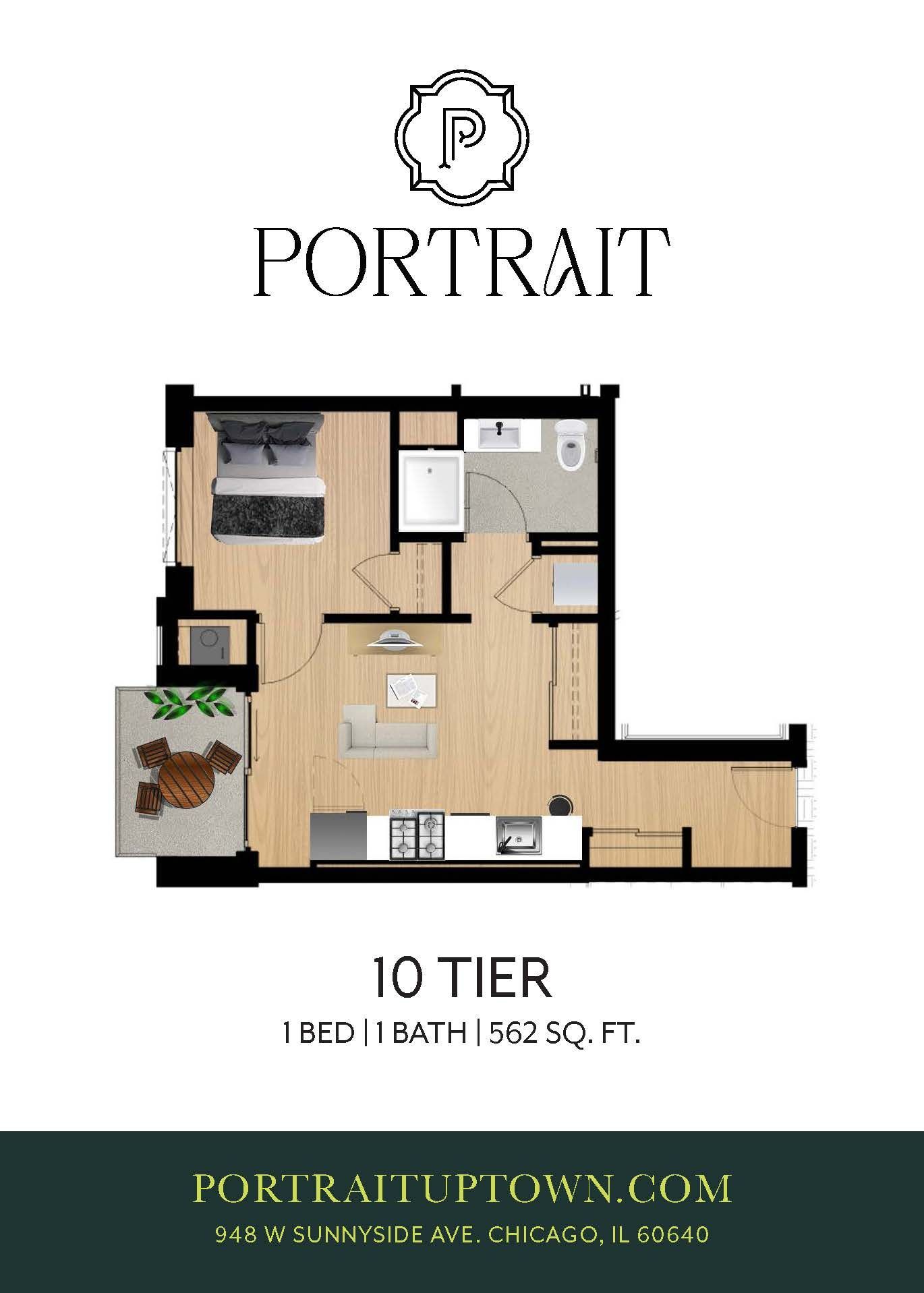 Floor plan of a one-bedroom apartment labeled “10 Tier” with living area, kitchen, bath, and balcony.
