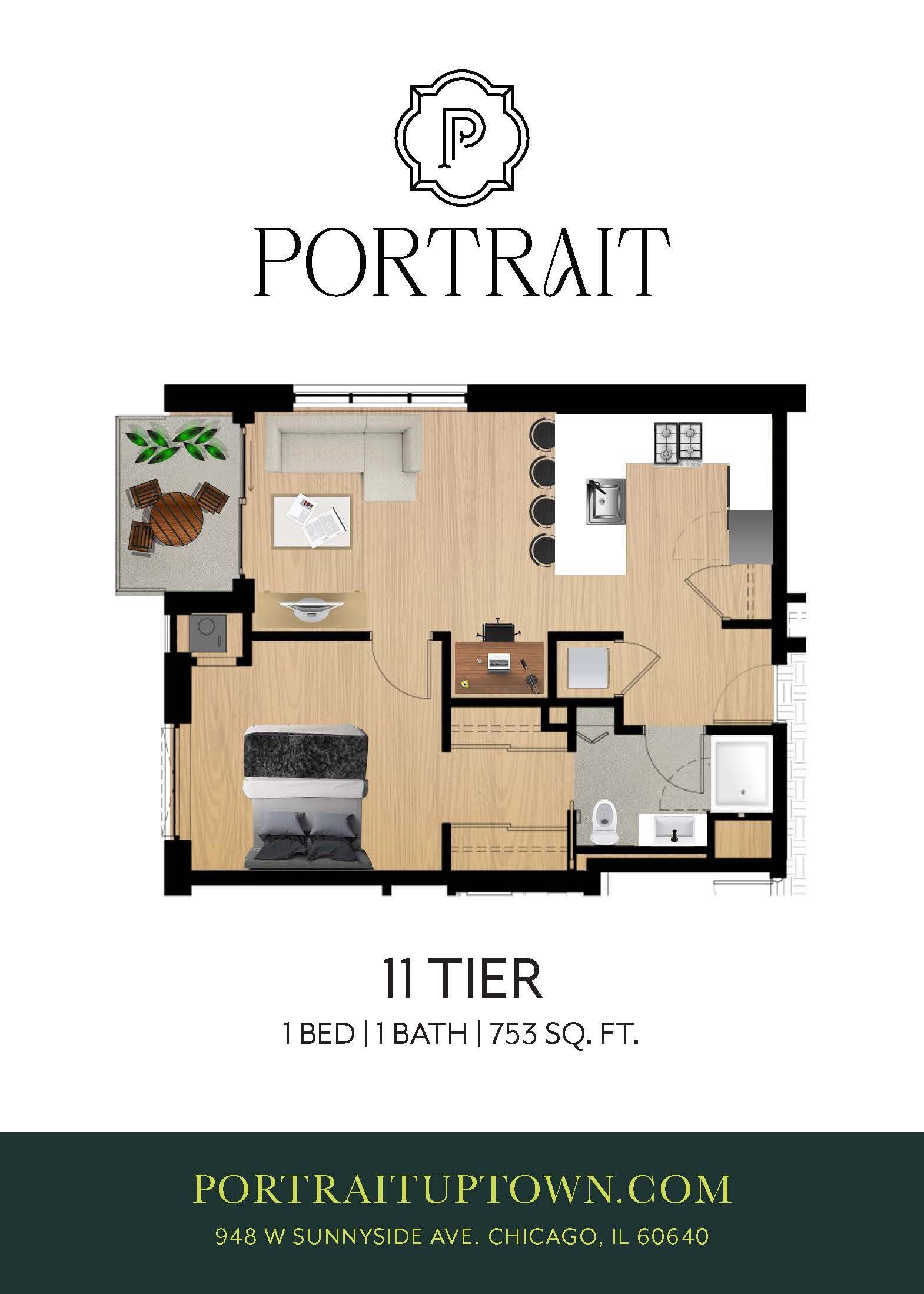 Portrait apartment floor plan, 1 bed and 1 bath, with living, kitchen, and balcony areas on a wood floor layout