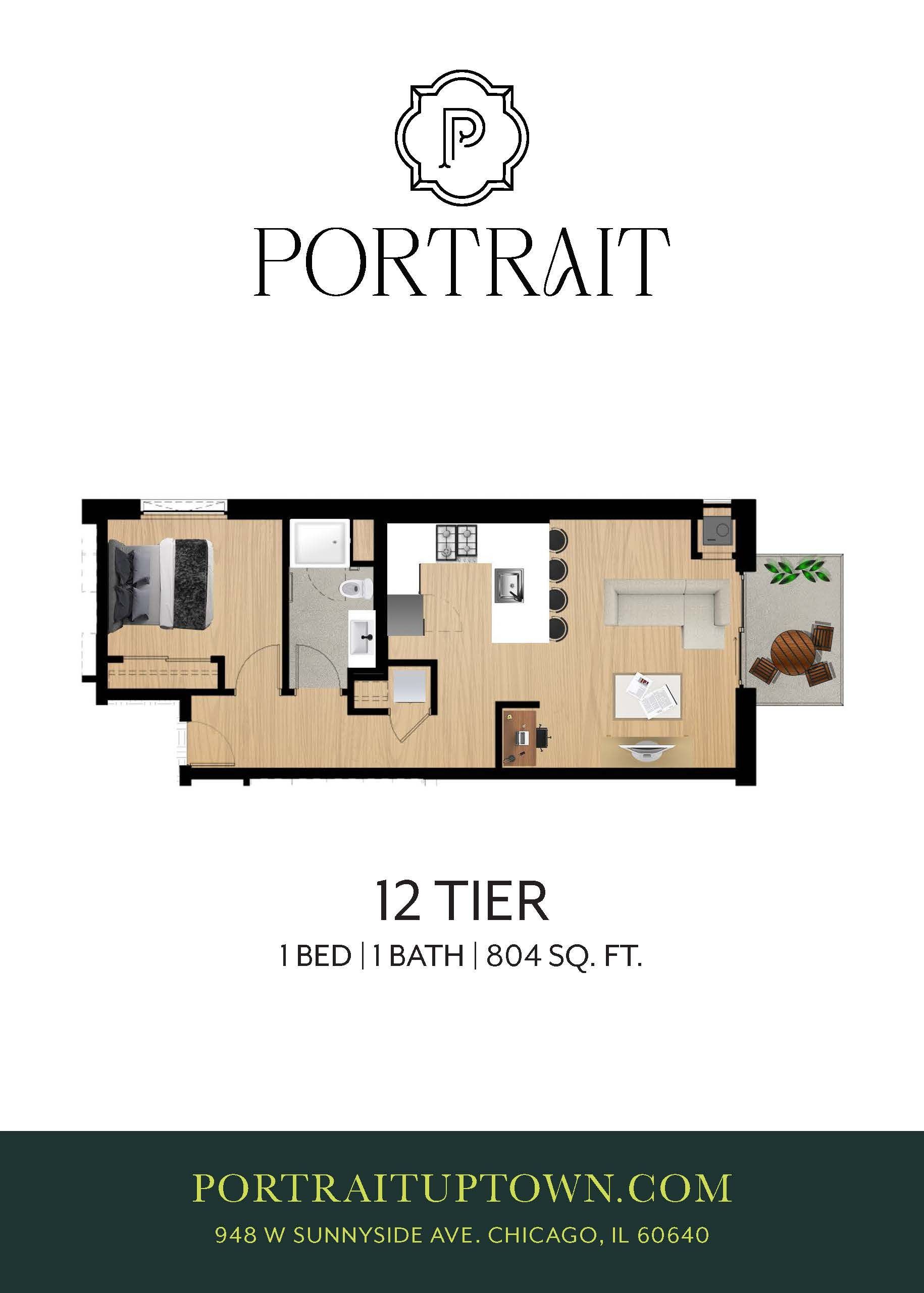 Portrait apartment floor plan labeled “12 Tier” with two bedrooms, two baths, and a balcony.