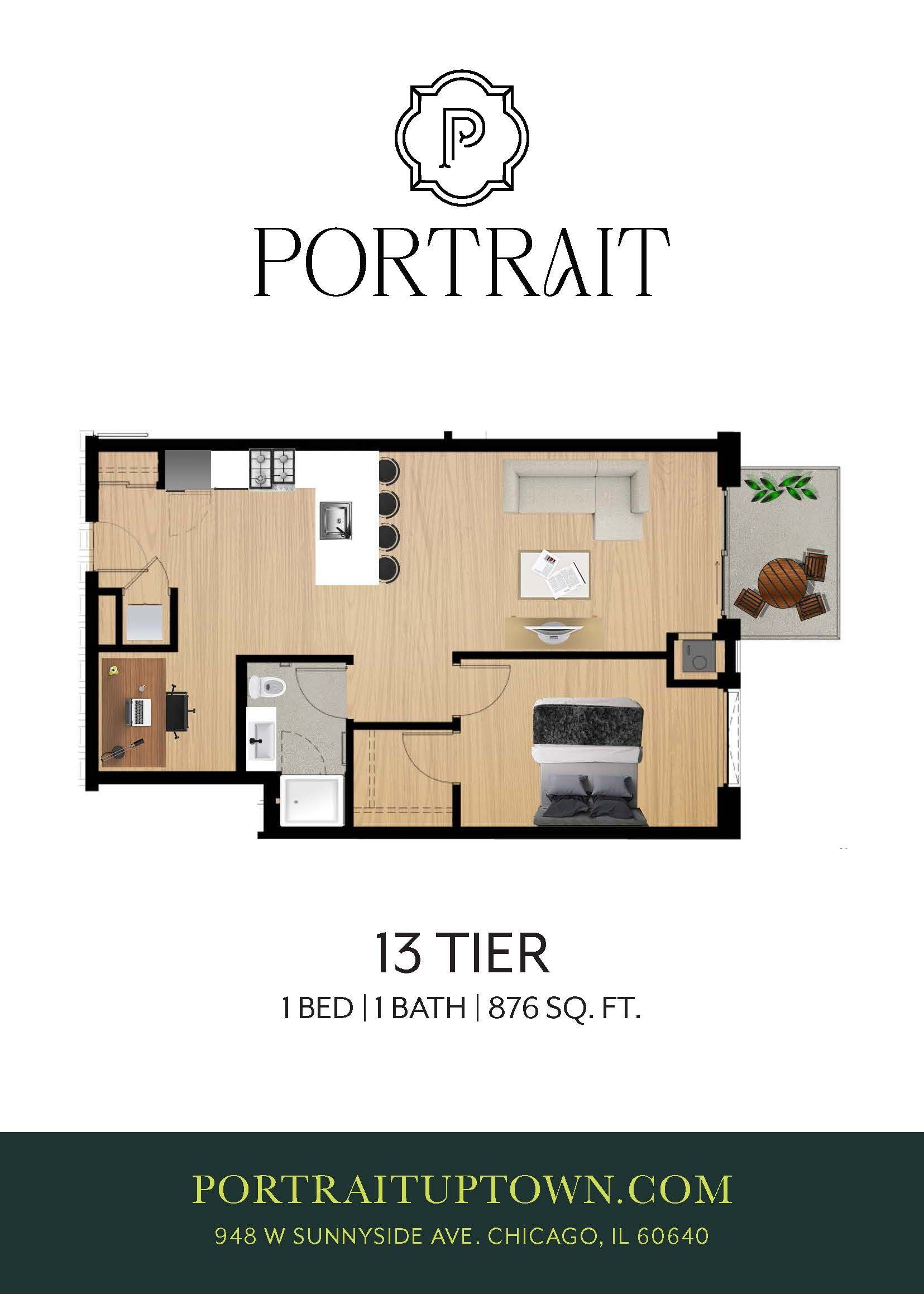 Portrait apartment floor plan, 13 tier, with studio-style layout and modern furnishings.