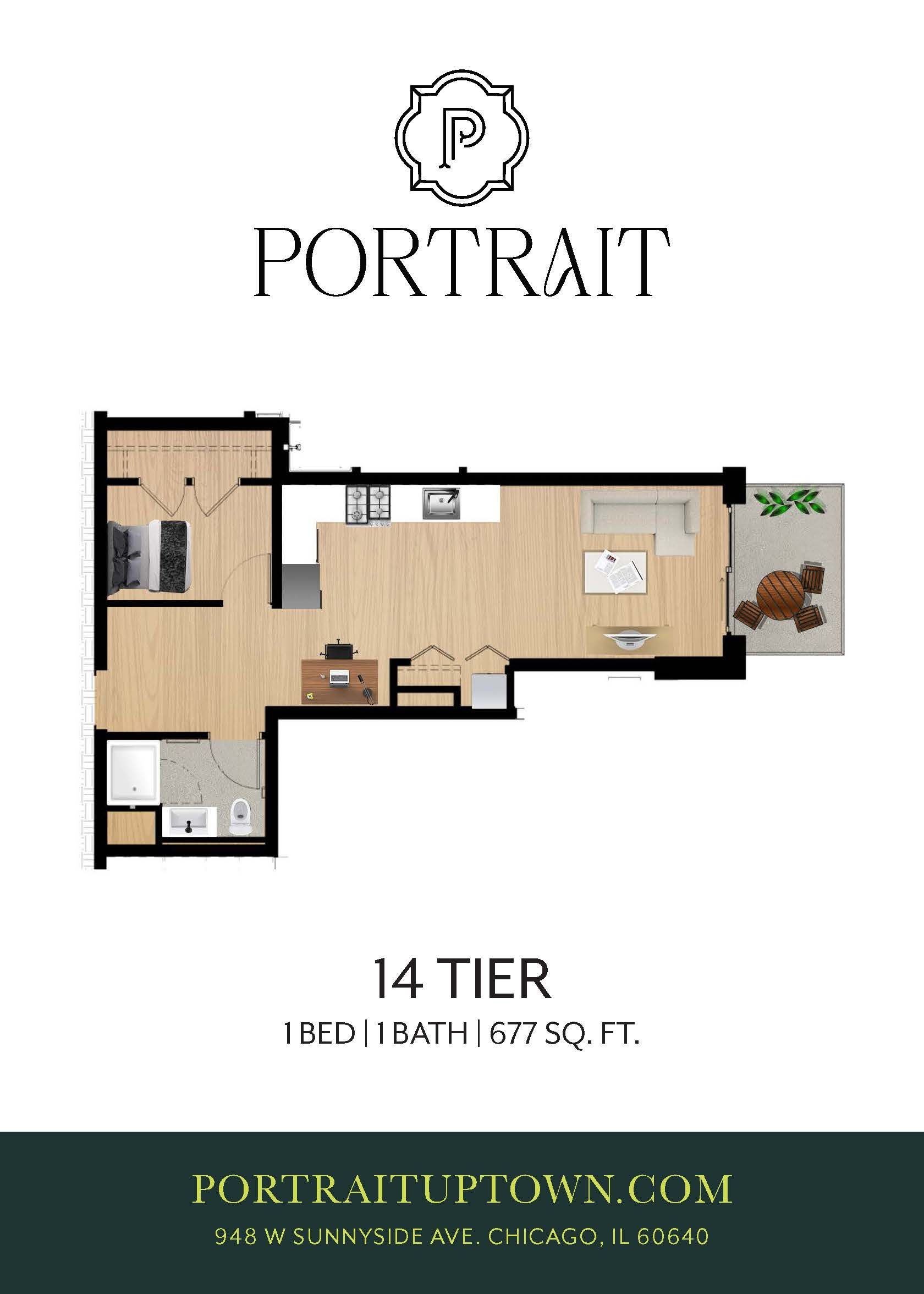 Floor plan for Portrait apartment, 14 tier, 1 bed/1 bath, 760 sq. ft.