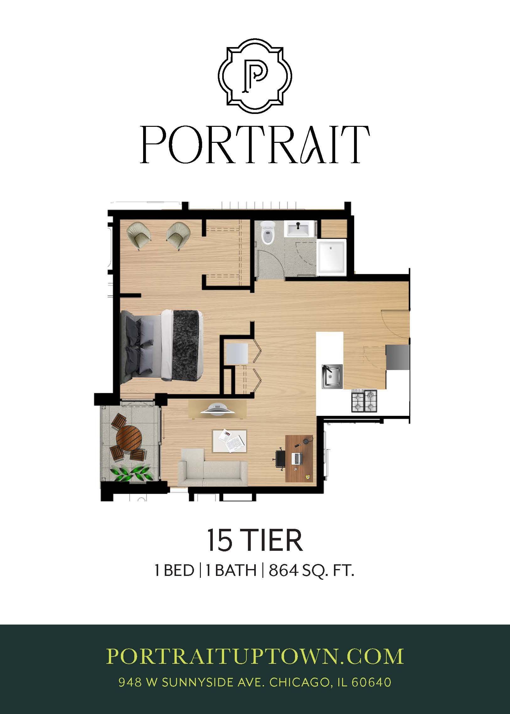 Portrait apartment floor plan, 15 tier, bed 1 bath, with brand logo at top and contact info below