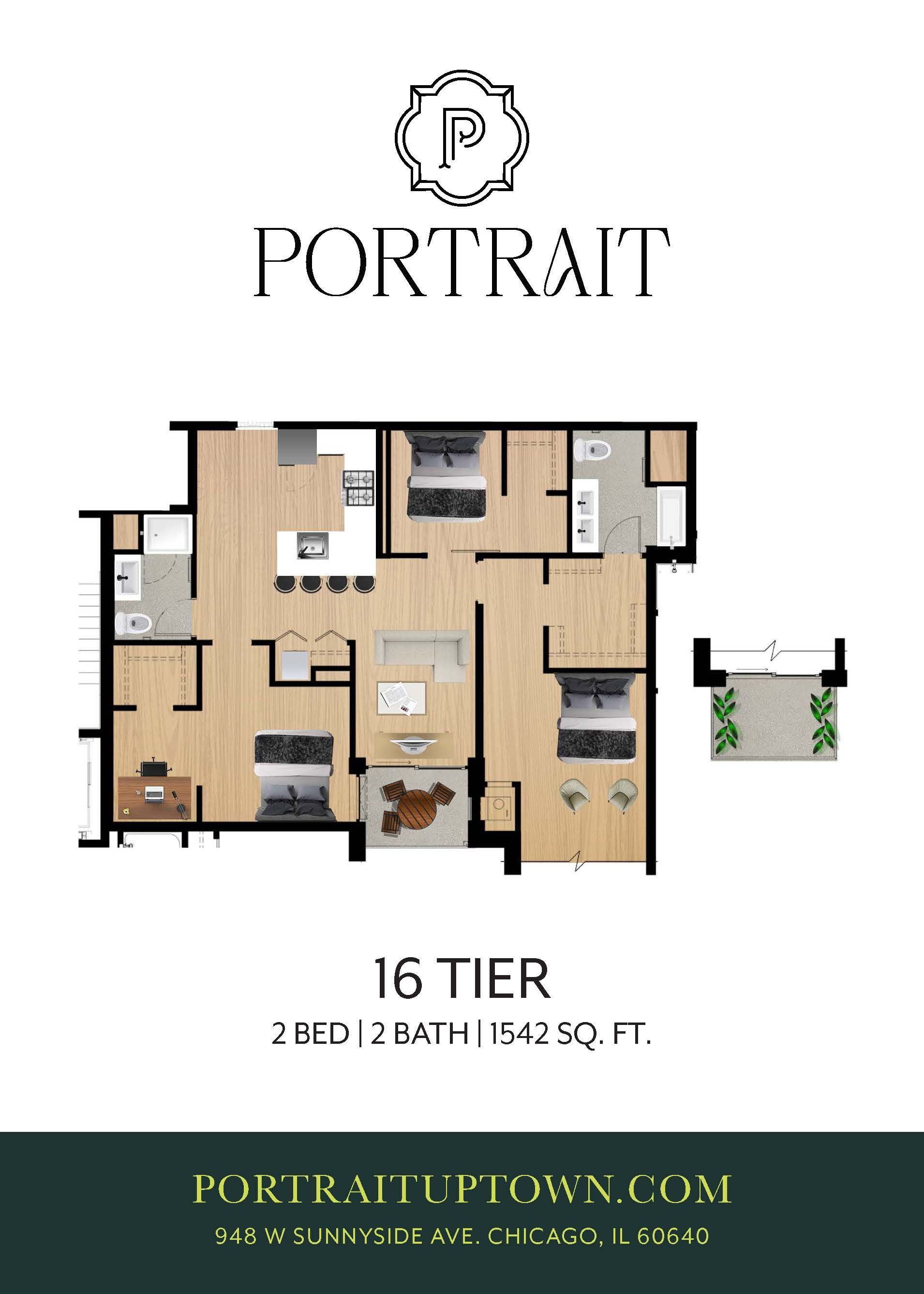 Floor plan for Portrait apartment, 1-bedroom layout with living area, kitchen, bath, and balcony.