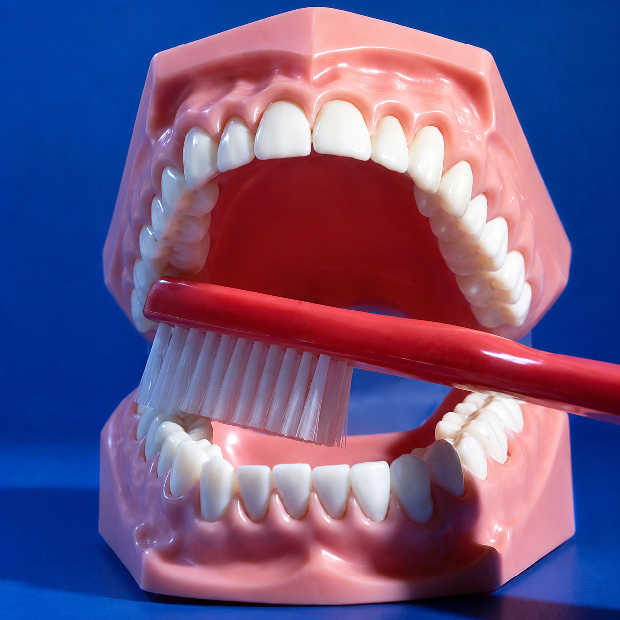 Modellino dentale in plastica con bocca aperta e spazzolino rosso che spazzola i denti inferiori.
