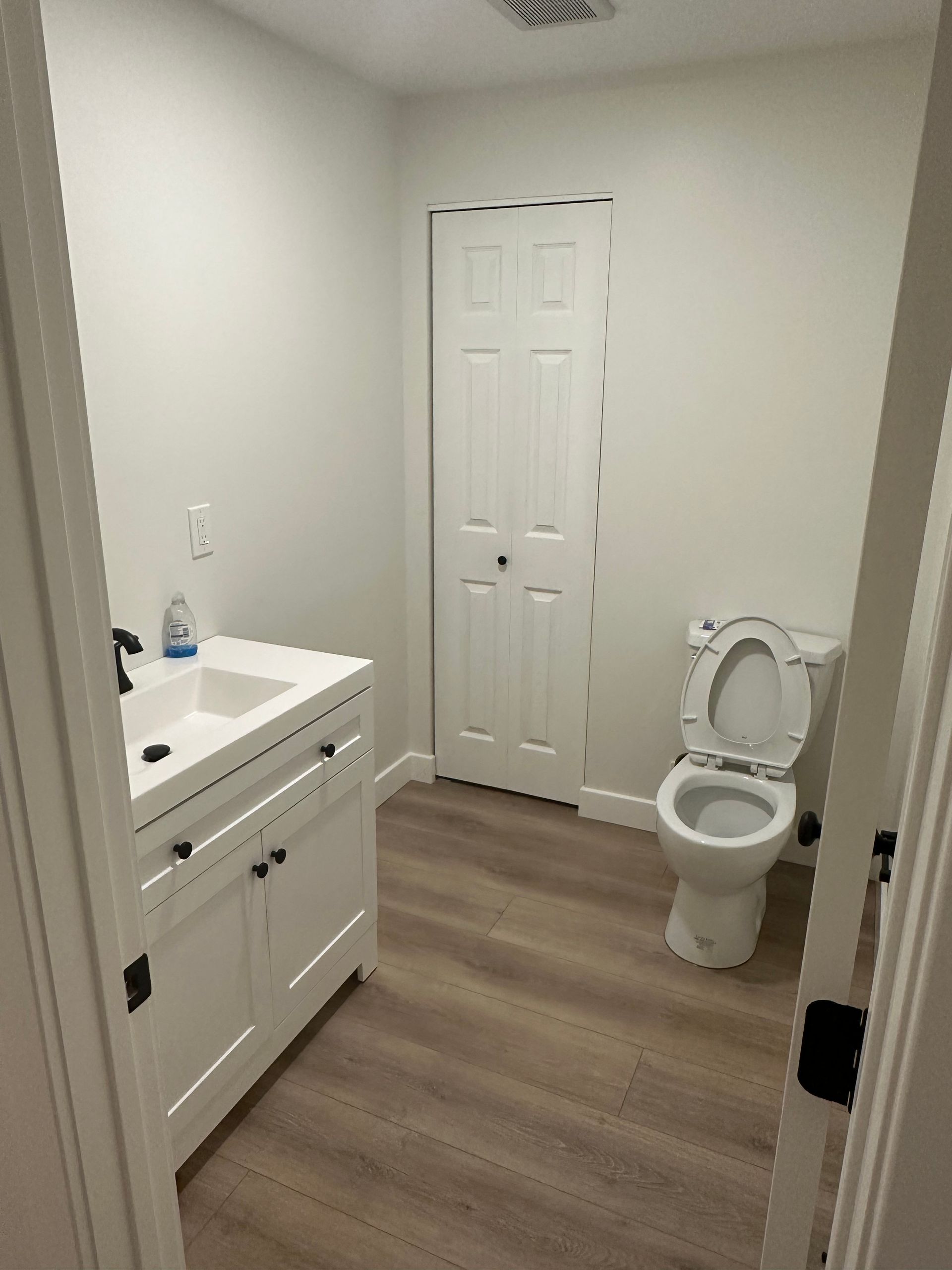 Bathroom with white sink, toilet, and closed closet door. Neutral walls and flooring.