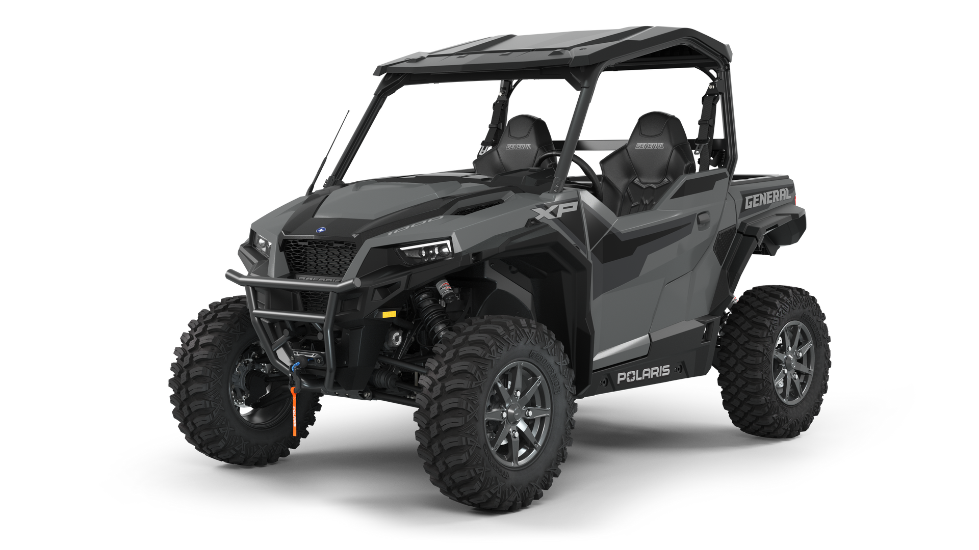 Gray Polaris GENERAL XP 1000 side-by-side off-road vehicle with black accents, sitting on white background.