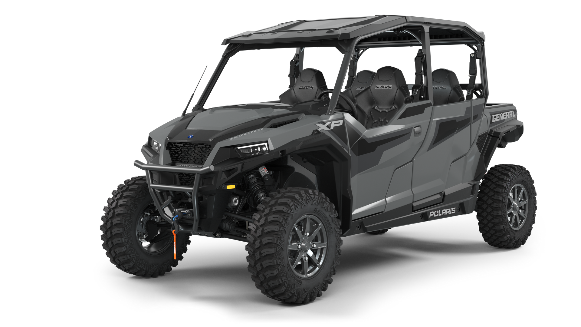 Dark gray Polaris General XP 4 side-by-side off-road vehicle on a white background.