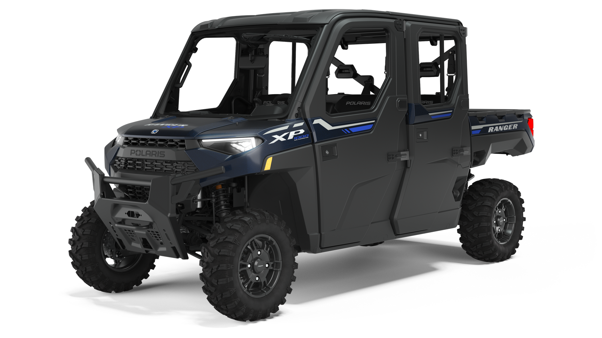 Dark blue Polaris Ranger XP 1000 Crew side-by-side vehicle, rugged design, off-road tires.