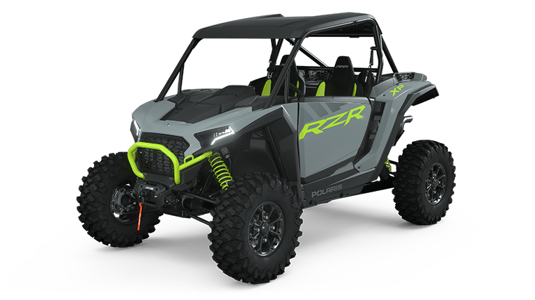 Gray and neon green Polaris RZR off-road vehicle on a white background.