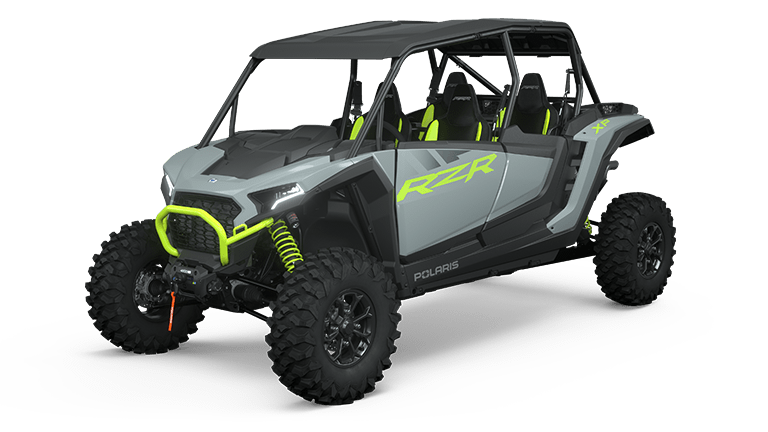 Gray and neon green Polaris RZR four-seater off-road vehicle.