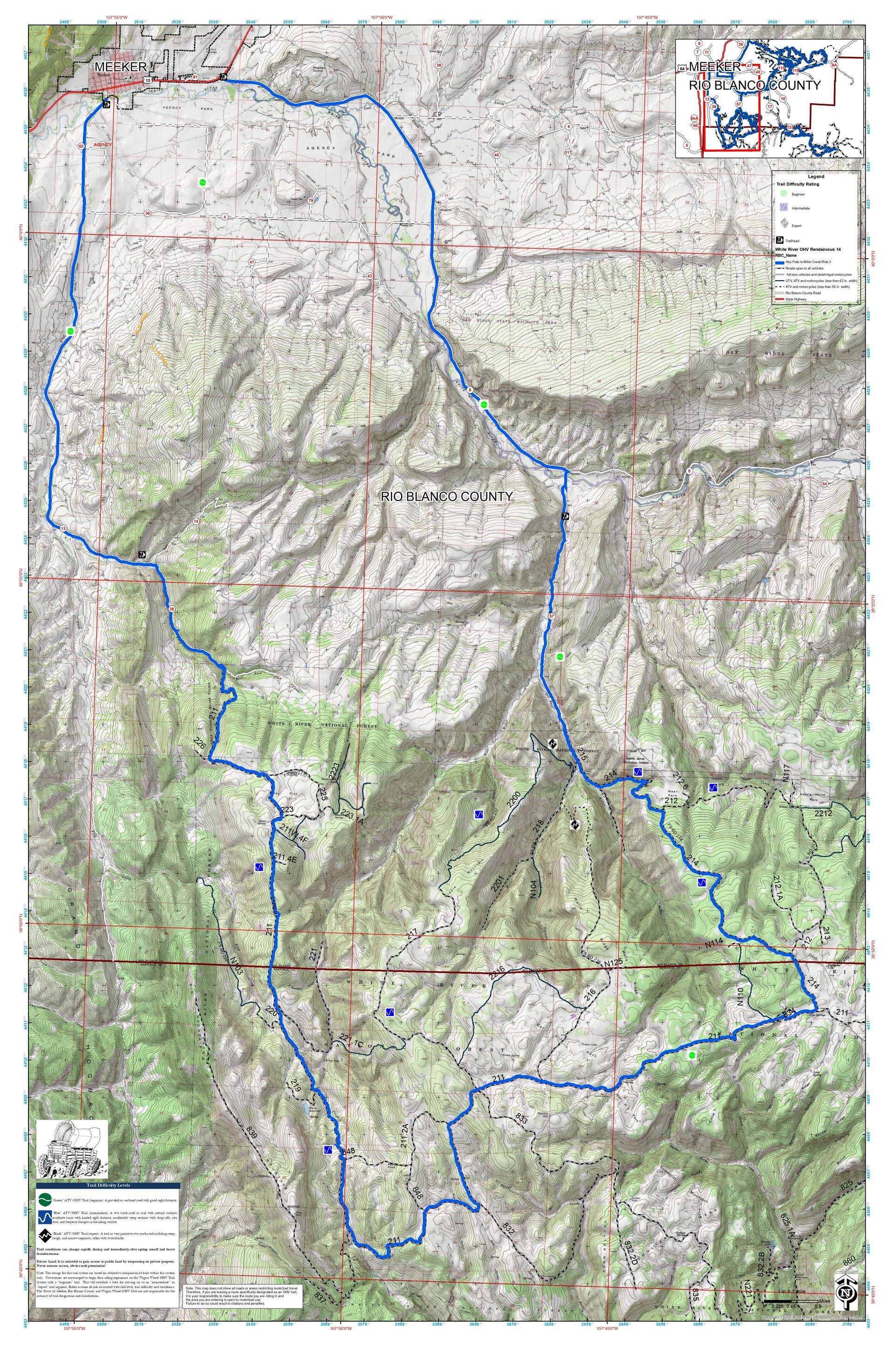 A map of a mountain range with a blue line on it.