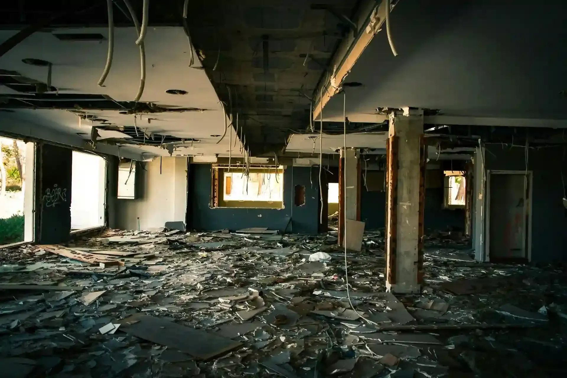 An abandoned, dimly lit interior room filled with scattered debris, broken ceiling panels, and dark, exposed walls.