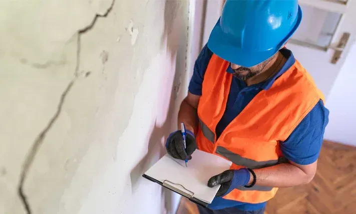 A construction worker in a blue helmet and orange safety vest inspects a cracked wall while taking notes on a clipboard.