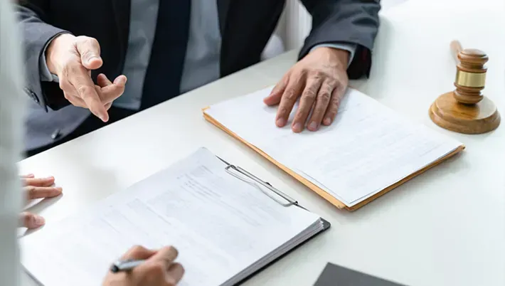 A professional in a suit gestures toward a clipboard while another person signs a document at a desk with a gavel.