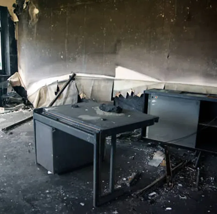 A desk and office furniture sit in a room charred by fire, with peeling wallpaper and soot covering the surfaces.