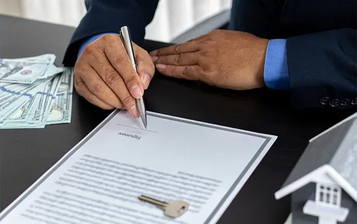 A person in a business suit signs a document on a desk with US currency and a small house model nearby.