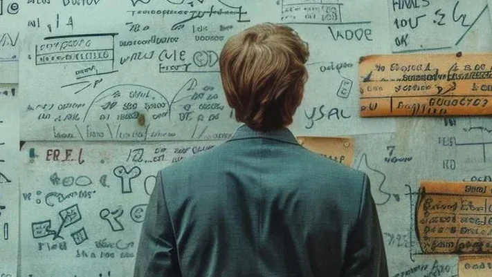 A person in a gray suit stands before a wall covered in handwritten notes and diagrams, studying the complex information.
