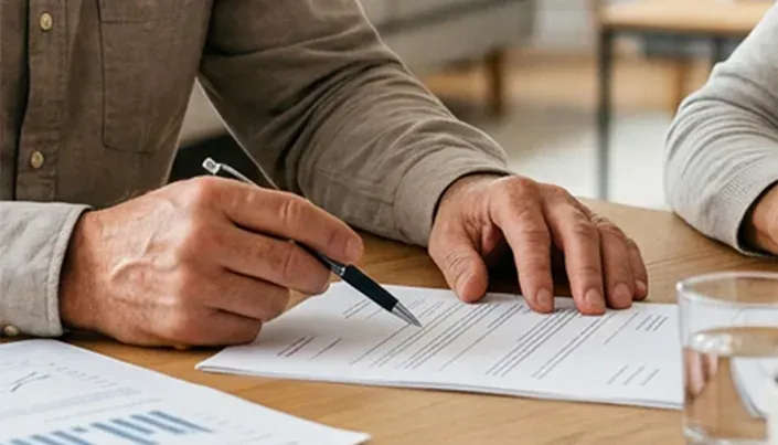 Hands in long-sleeved shirts reviewing a document on a wooden table with a glass of water nearby.