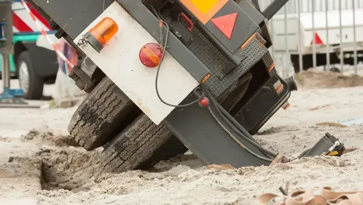 A heavy machinery trailer with visible tires and lights is tilted and partially sunk into a sandy construction site.