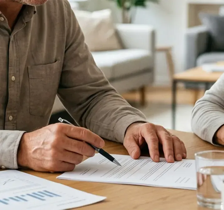 A person in a tan shirt points with a pen at a document on a wooden table, with charts visible nearby.