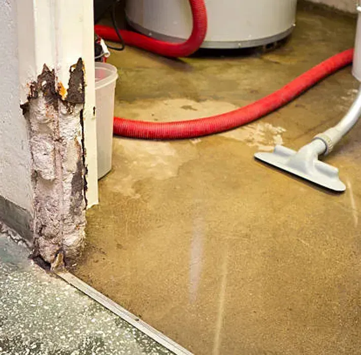 A damaged, crumbling door frame sits next to a damp concrete floor with a vacuum nozzle cleaning up water.