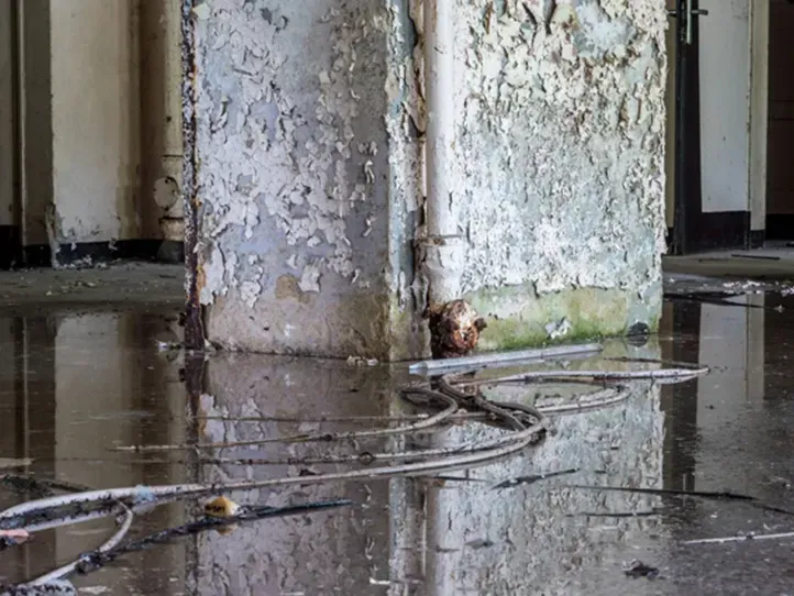 An abandoned room with a peeling pillar, standing in a large puddle of murky water, surrounded by scattered cables.