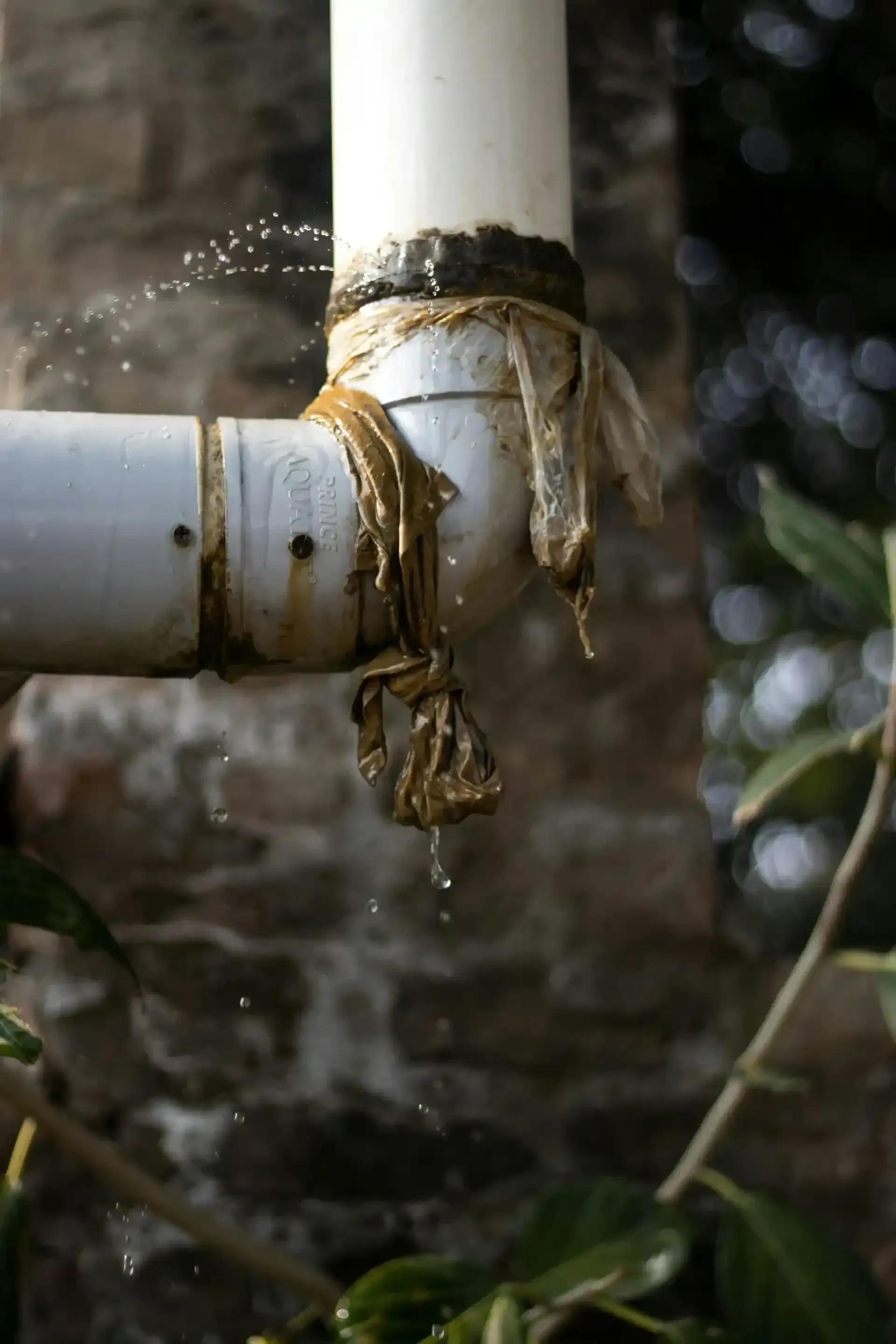A damaged white PVC pipe elbow joint leaking water, with a makeshift brown rag tied around the leaking connection.