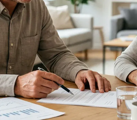 A person’s hands holding a pen over a document on a wooden table, with a blurred living room in the background.
