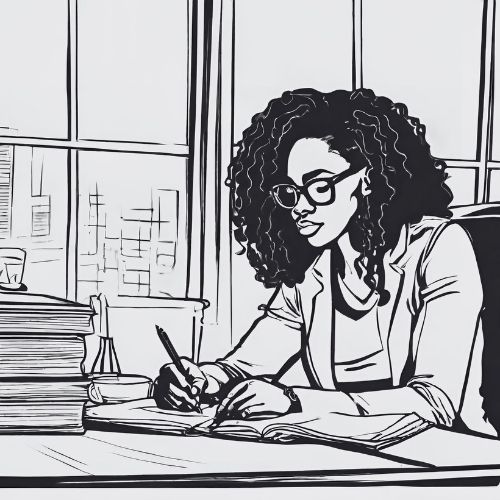 Graphic of an artist journaling, using a pen on a notebook.