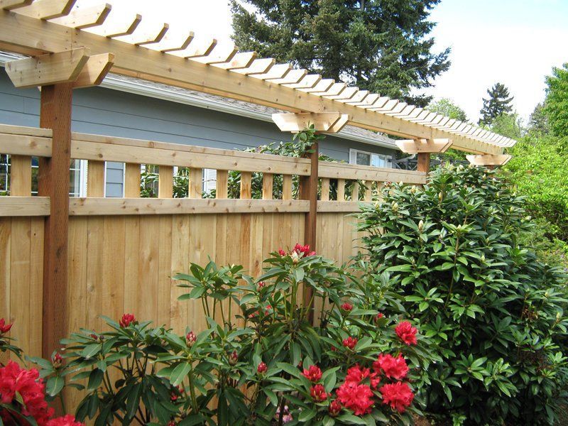 Wooden fence with a pergola over it, with red flowers in the foreground.