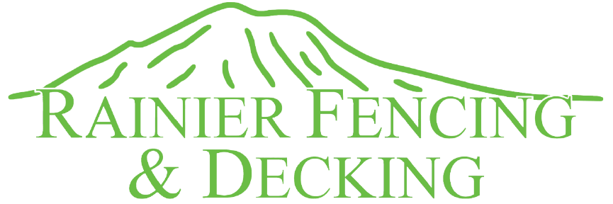 Green logo: mountain outline over "Rainier Fencing & Decking."