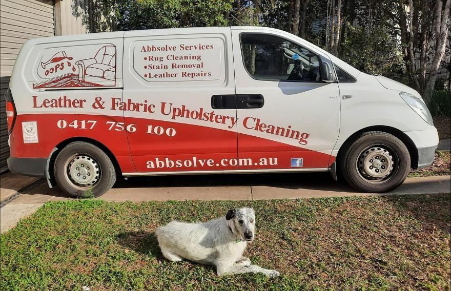 A White Dog is Laying in Front of a Leather and Fabric Upholstery Cleaning Van — Abbsolve Services in Caloundra, QLD