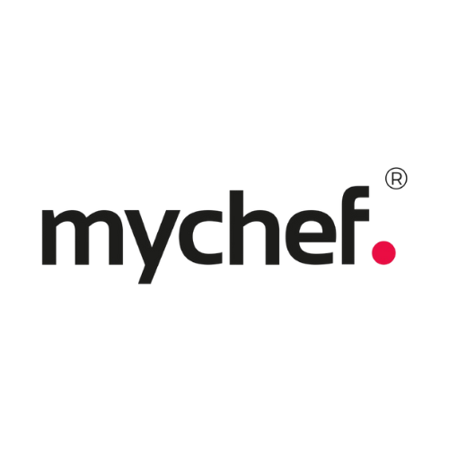 Le logo mychef est noir et rouge sur fond blanc.