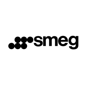 Un logo noir et blanc pour smeg sur fond blanc.