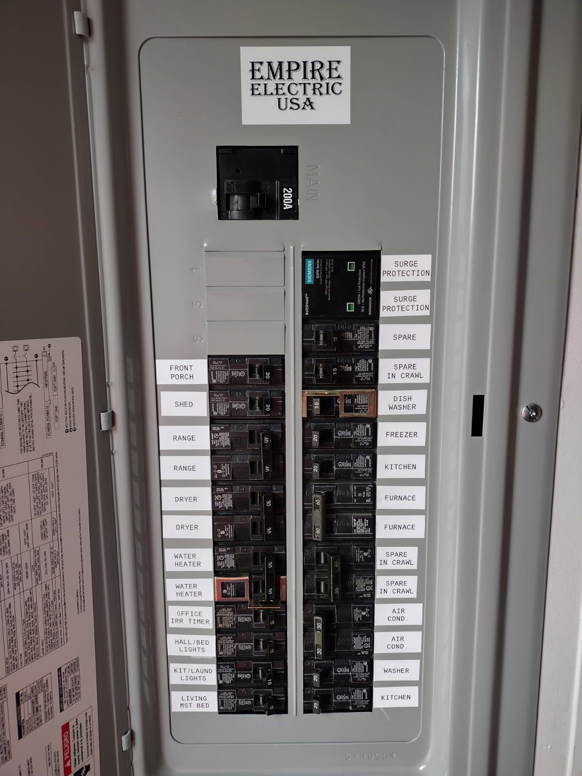 Electrical panel with circuit breakers labeled, installed by Empire Electric USA.