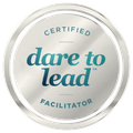 A silver certified dare to lead facilitator badge