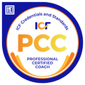 A sticker that says icf credentials and standards pcc professional certified coach