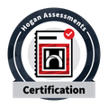 The logo for hogan assessments certification shows a book with a check mark on it.