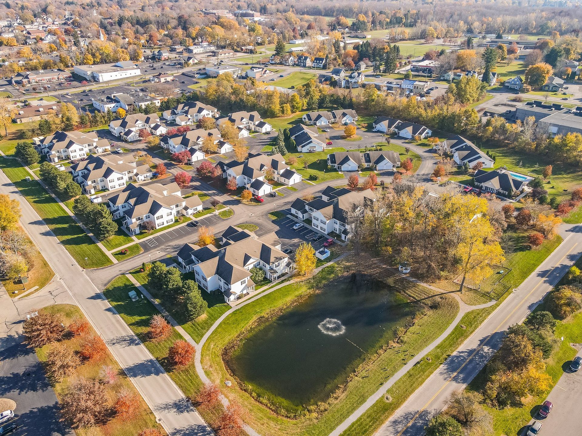 Bradford Hill Aerial View Showing Neighborhood, Trails, and Pond
