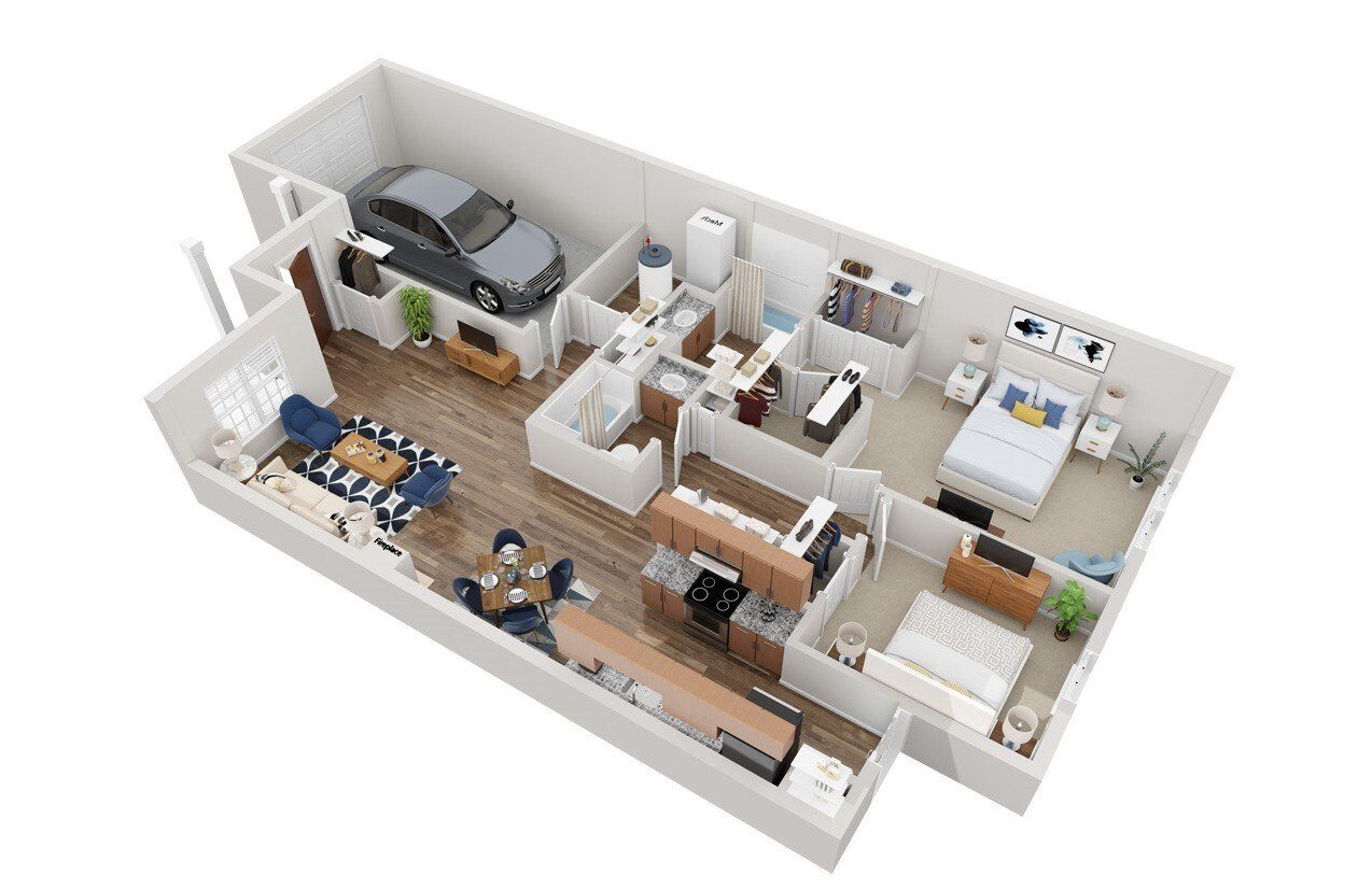 2 Bedroom 2 Bathroom Floorplan with Attached Garage