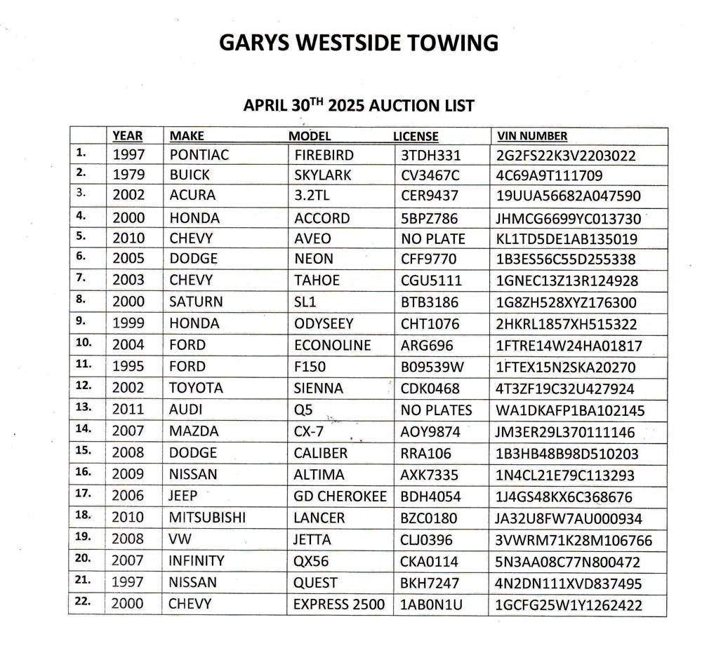 Gary 's westside towing march 26th 2025 auction list Gary 's westside towing april 30th 2025 auction list