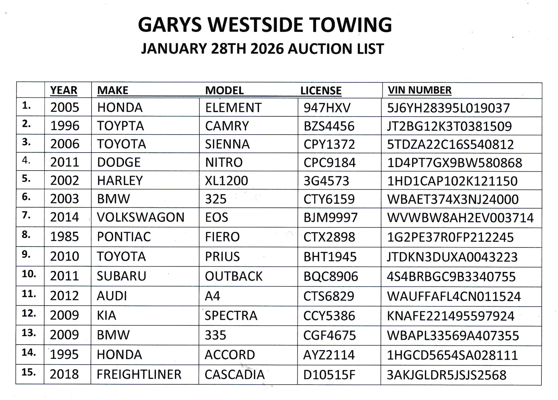 Auction list from Gary's Westside Towing. It contains details of cars year, make, model, license, and VIN.