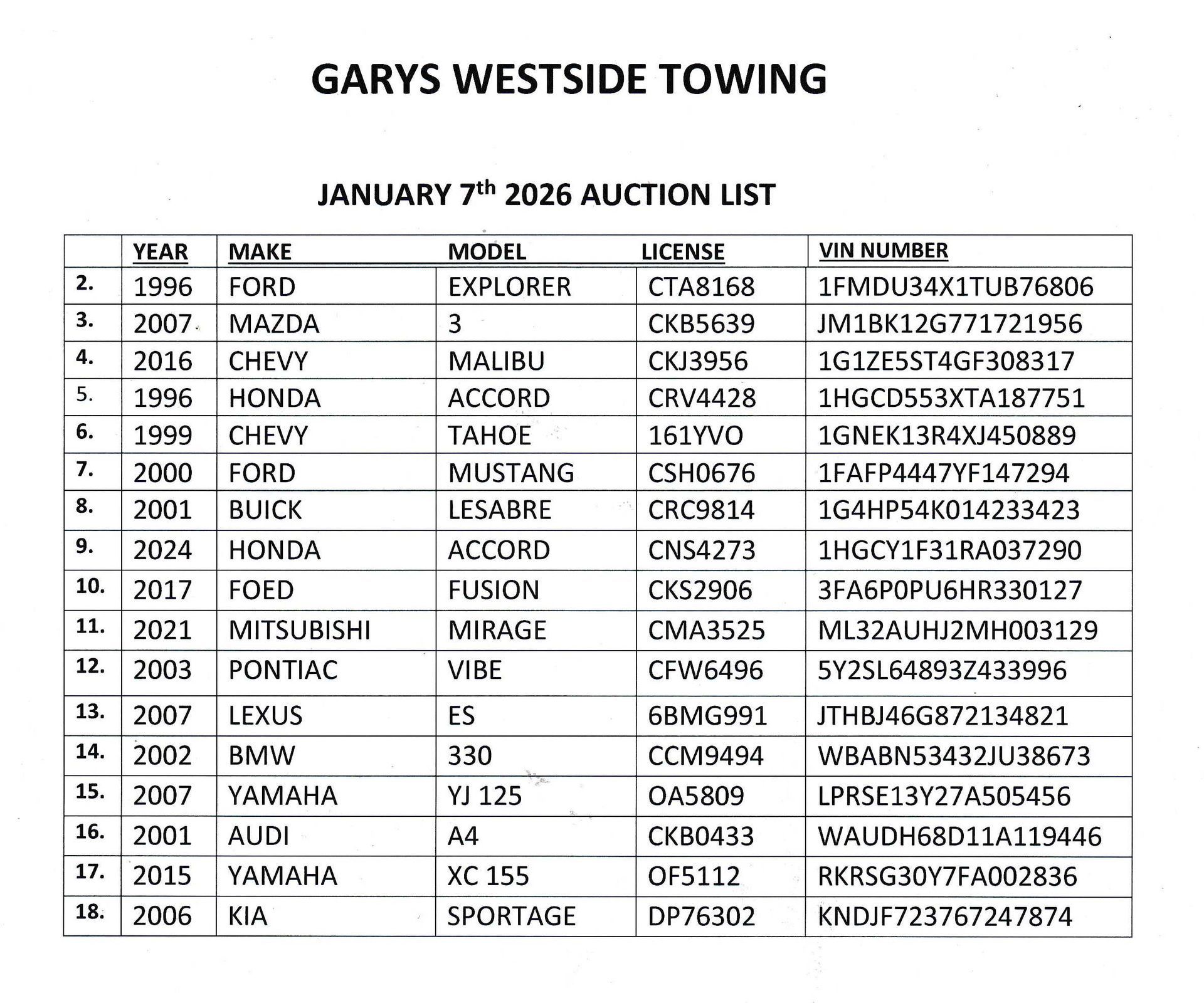 Auction list from Gary's Westside Towing. It contains details of cars year, make, model, license, and VIN.