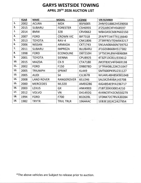 A document titled Garys Westside Towing April 15th 2020 Auction List, displaying a table of ten vehicles for sale.