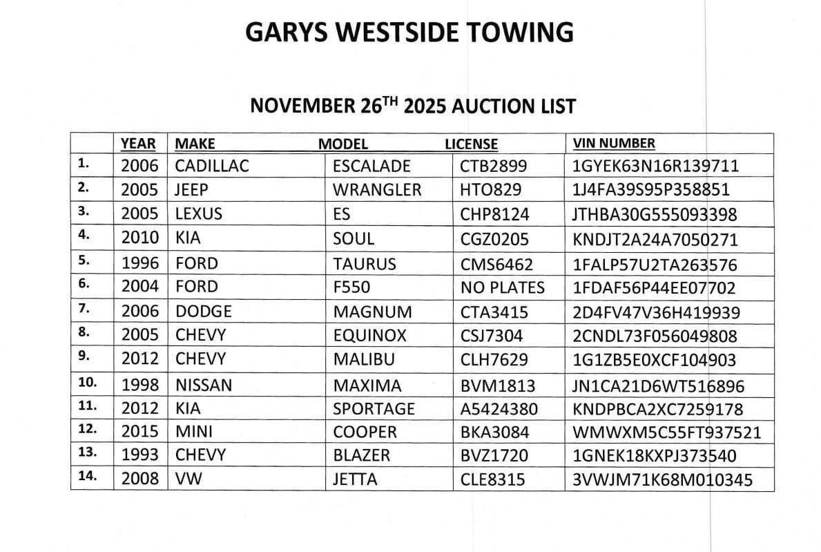 Auction list from Gary's Westside Towing. Contains vehicle details including model, license, and VIN.