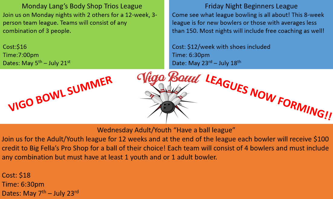 A flyer for the vigo bowl summer leagues