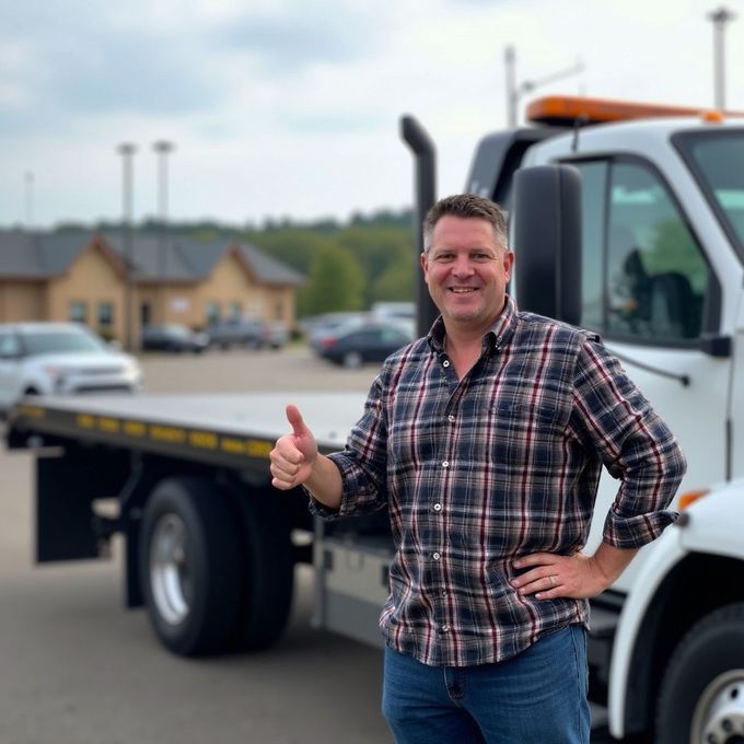Man in plaid shirt gives thumbs-up next to a white tow truck; outdoor parking lot setting.