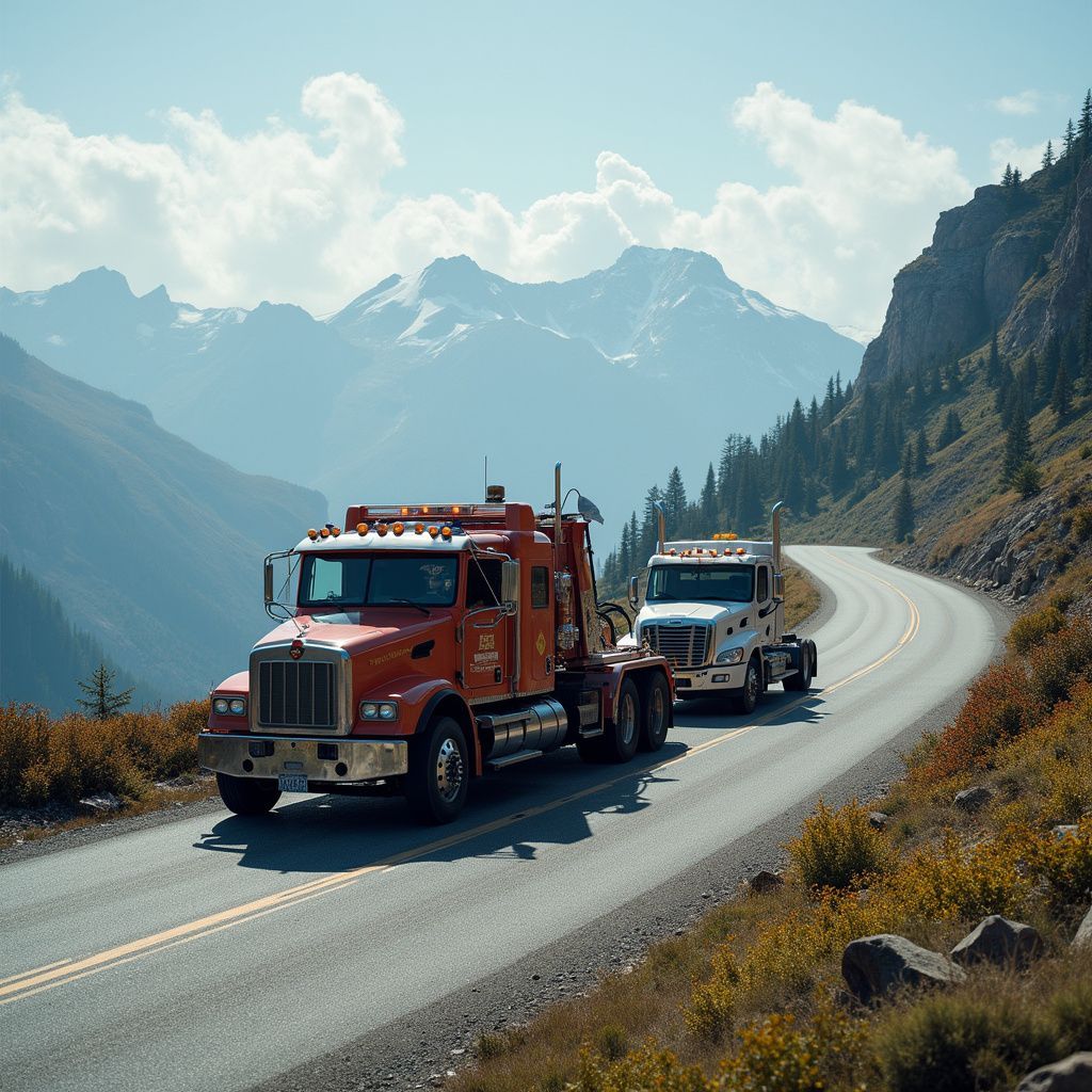 Two semi-trucks driving on a winding road through a mountain landscape, under a partly cloudy sky.